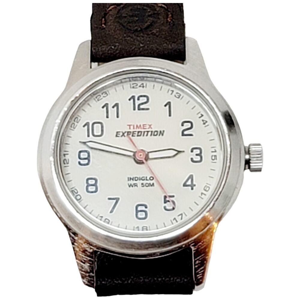 Timex‎ Expedition Indiglo Round Silver Tone Case 26 mm Brown Leather Band Watch